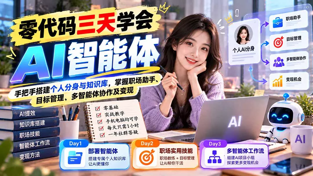 【无水印】零代码三天学会AI智能体：手把手搭建个人分身与知识库，掌握职场助手、目标管理、多智能体协作及变现-易创网