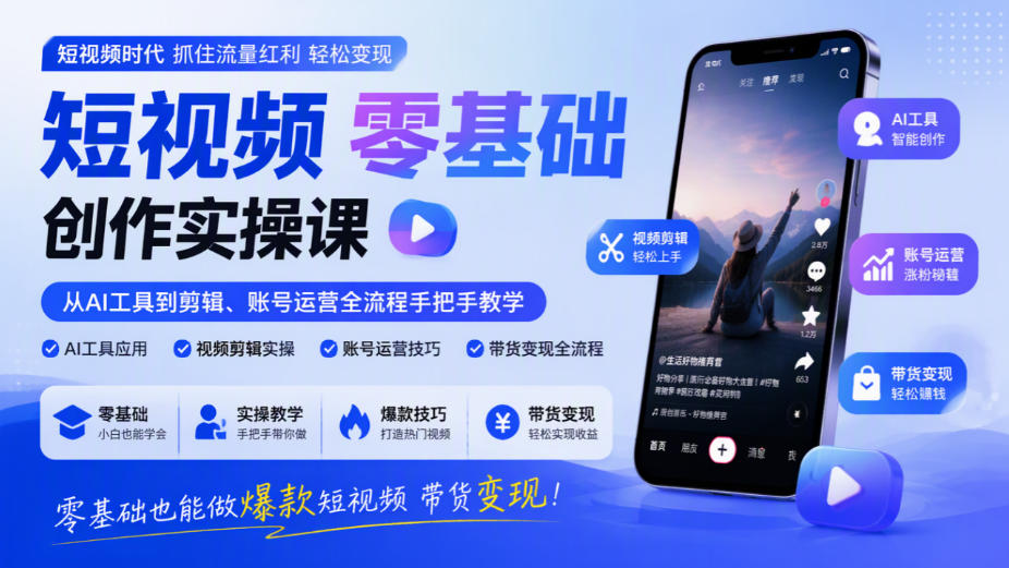 短视频零基础创作实操课，从AI工具到剪辑、账号运营全流程手把手教学，零基础也能做爆款短视频带货变现-易创网