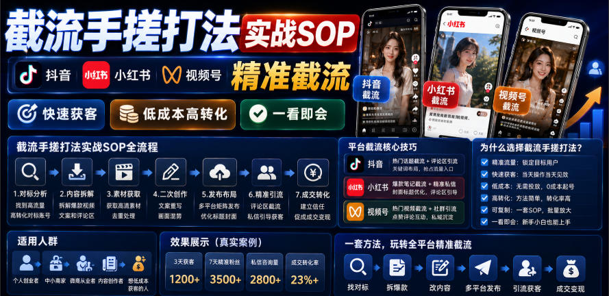 截流手搓打法实战SOP，抖音小红书视频号精准截流，快速获客，低成本高转化，一看即会-易创网