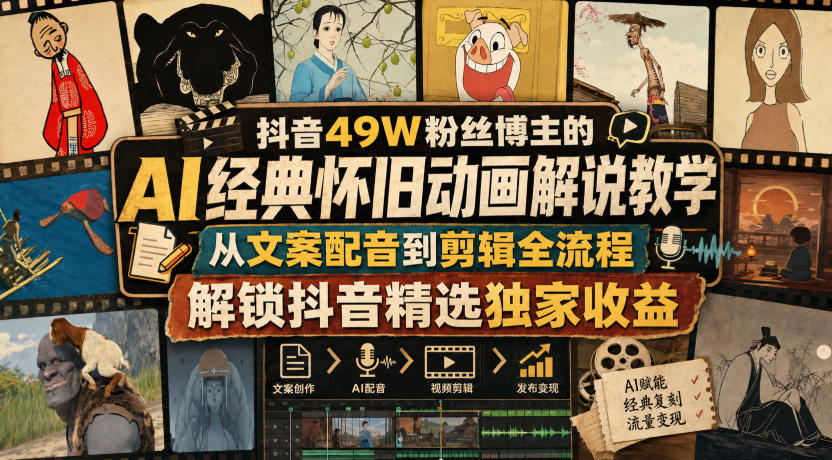 抖音49W粉丝博主的AI经典怀旧动画解说教学，从文案配音到剪辑全流程，解锁抖音精选独家收益-易创网