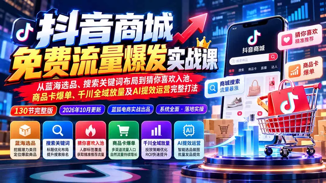 抖音商城免费流量爆发实战：从蓝海选品、搜索关键词布局到猜你喜欢入池、商品卡爆单、千川全域放量及AI提效完整打法-易创网