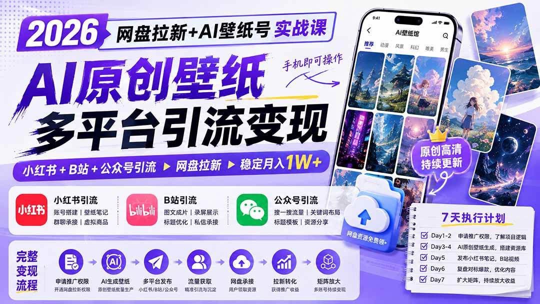 （19732期）2026网盘拉新+AI壁纸号实战课：AI原创壁纸+小红书+B站+公众号引流，手机即可操作，月入1W+-易创网