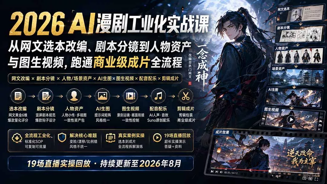 2026 AI漫剧工业化实战课-更新：从网文选本改编、剧本分镜到人物资产与图生视频，跑通商业级成片全流程-易创网