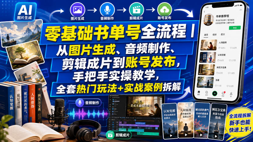 零基础书单号全流程｜从图片生成、音频制作、剪辑成片到账号发布，手把手实操教学，全套热门玩法+实战案例拆解-易创网