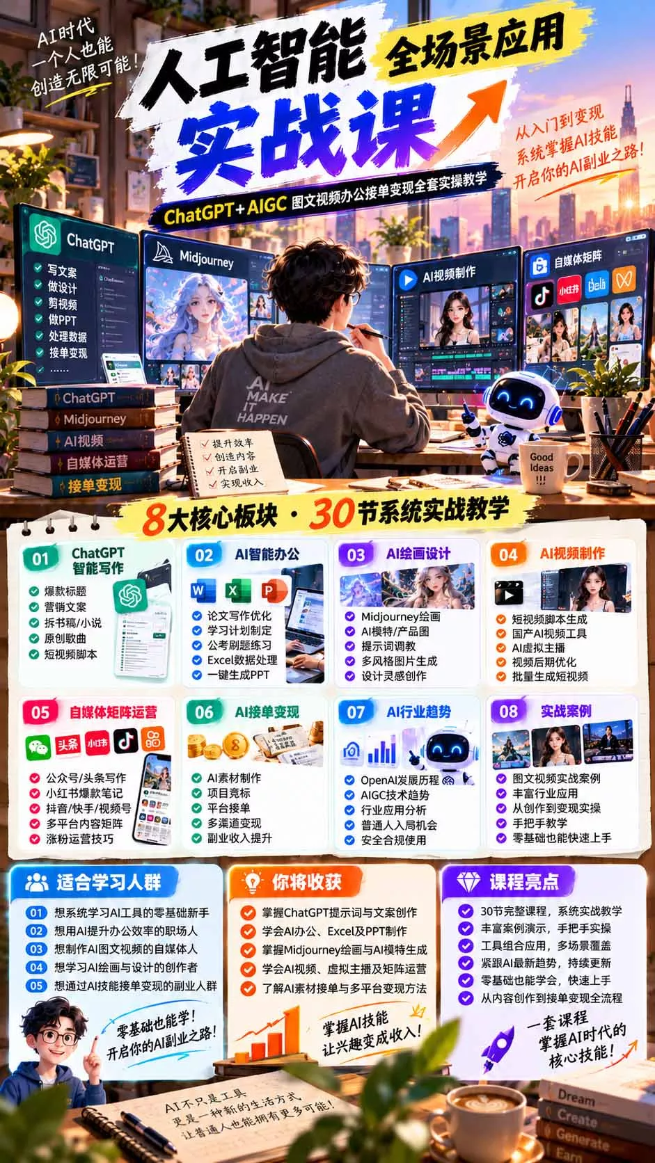 一个人掌握AI写作设计剪辑全套技能：从ChatGPT办公、AI绘画到虚拟主播、自媒体运营及接单变现-易创网
