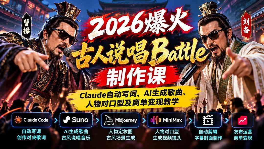 （21059期）2026爆火古人说唱Battle制作课：Claude自动写词、AI生成歌曲、人物对口型及商单变现教学-易创网