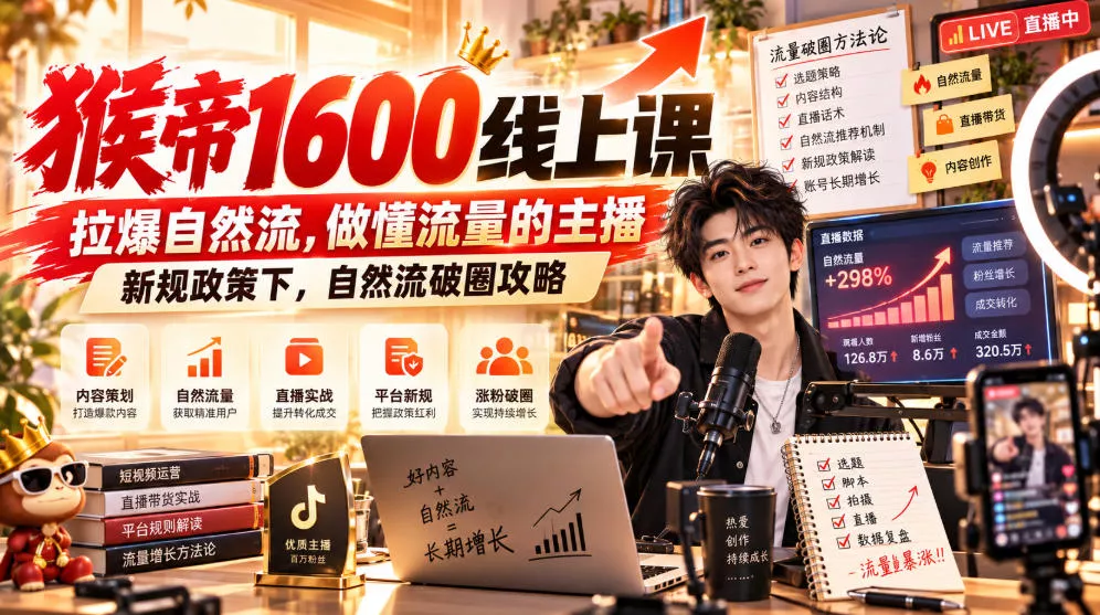 猴帝1600线上课，拉爆自然流，做懂流量的主播，新规政策下，自然流破圈攻略【更新261017】-易创网