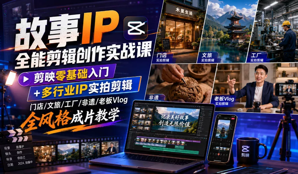 故事IP全能剪辑创作实战课｜剪映零基础入门+多行业IP实拍剪辑，门店/文旅/工厂/非遗/老板Vlog全风格成片教学-易创网