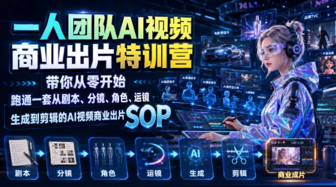 一人团队AI视频商业出片实战课：带你从零开始跑通一套从剧本、分镜、角色、运镜、生成到剪辑的AI视频商业出片SOP-易创网