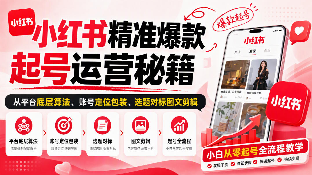 小红书精准爆款起号运营秘籍，从平台底层算法、账号定位包装、选题对标图文剪辑，小白从零起号全流程-易创网