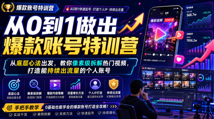 从0到1做出爆款账号特训营，从底层心法出发，教你像素级拆解热门视频，打造能持续出流量的个人账号-易创网