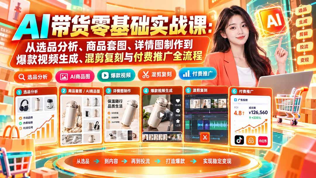 （20856期）AI带货零基础实战课：从选品分析、商品套图、详情图制作到爆款视频生成、混剪复刻与付费推广全流程-易创网