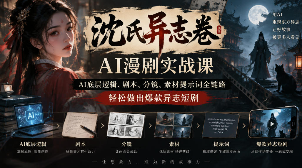 沈氏异志卷AI漫剧实战课｜AI底层逻辑、剧本、分镜、素材提示词全链路，轻松做出爆款异志短剧-易创网