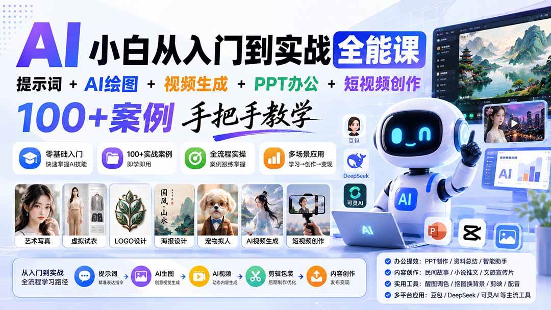 （20018期）AI小白从入门到实战全能课：提示词+AI绘图+视频生成+PPT办公+短视频创作，100+案例手把手教学-易创网