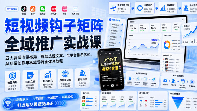 短视频钩子矩阵全域推广实战课｜五大赛道流量布局、爆款选题文案、全平台排名优化、AI批量创作与私域导流全体系教程-易创网