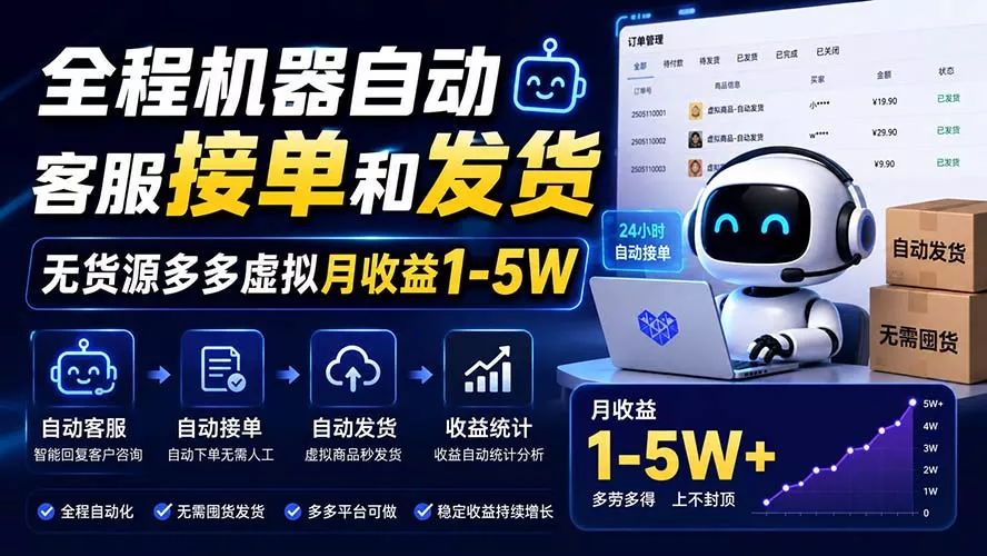 全程机器自动客服接单和发货，无货源多多虚拟月收益1-5W-易创网