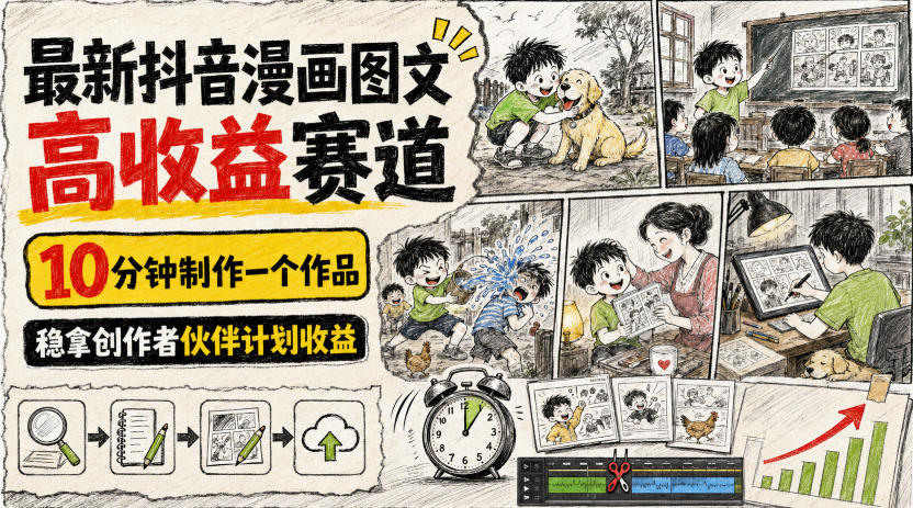 最新抖音漫画图文高收益赛道，10分钟制作一个作品，稳拿创作者伙伴计划收益-易创网