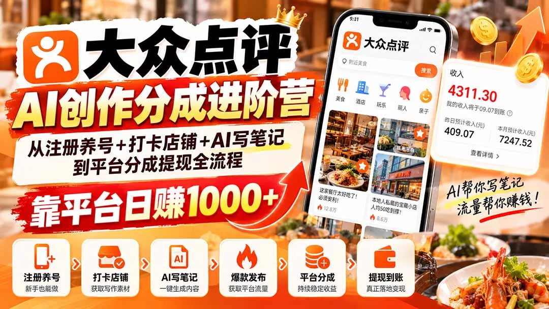 大众点评AI创作分成进阶营:从注册养号+打卡店铺+AI写笔记到平台分成提现全流程,靠平台日赚1000+ 大众点评AI创作分成进阶营:从注册养号+打卡店铺+AI写笔记到平台分成提现全流程,靠平台日赚1000+