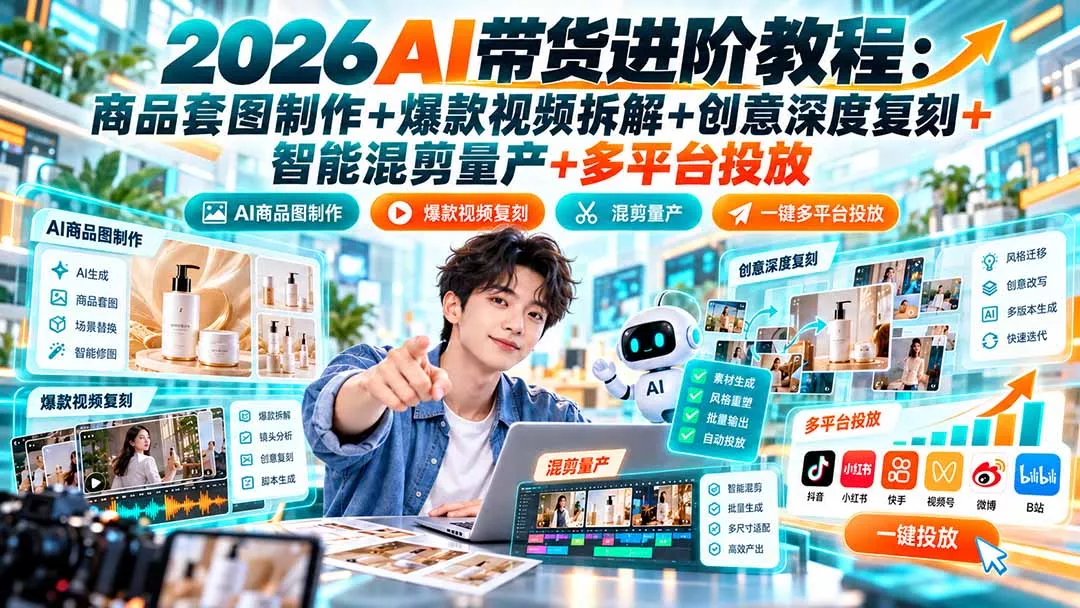 2026AI带货进阶教程：商品套图制作+爆款视频拆解+创意深度复刻+智能混剪量产+多平台投放-易创网
