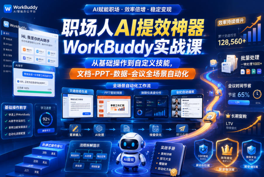 职场人AI提效神器WorkBuddy实战课，从基础操作到自定义技能，文档-PPT-数据-会议全场景自动化-易创网