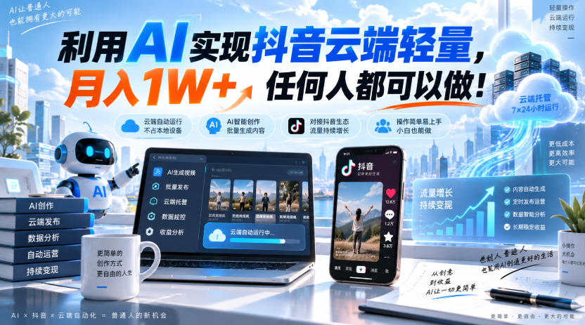 利用AI实现抖音云端轻量，月入1W+，任何人都可以做！【揭秘】-易创网