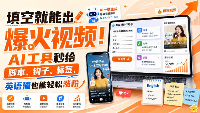 填空就能出爆火视频！AI工具秒给脚本、钩子、标签，英语渣也能轻松涨粉【原创双语字幕】-易创网