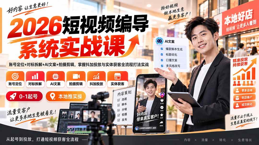 （20305期）2026短视频编导系统实战课：账号定位+对标拆解+AI文案+拍摄剪辑，掌握抖加投放与实体获客全流程打法实战-易创网