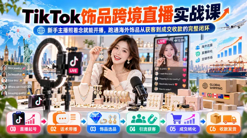 TikTok饰品跨境直播实战课，新手主播照着念就能开播，跑通海外饰品从获客到成交收款的完整闭环-易创网