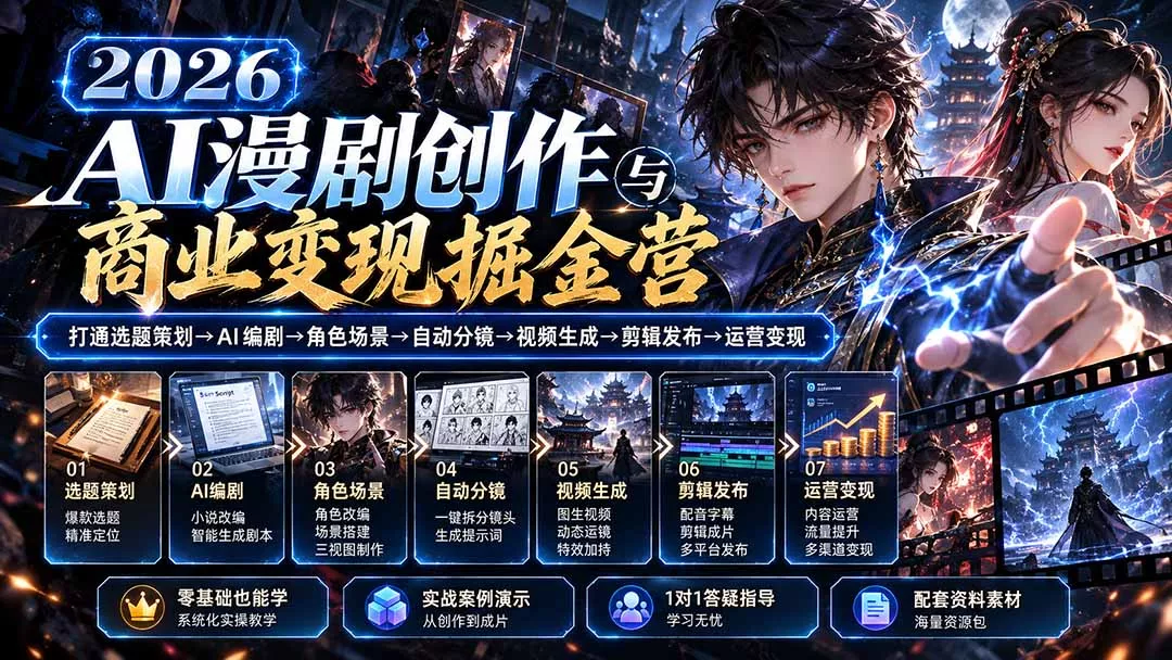 【无水印】2026AI漫剧创作与商业变现掘金营:打通选题→AI编剧→角色场景→自动分镜→视频生成→剪辑发布→运营变现 【无水印】2026AI漫剧创作与商业变现掘金营:打通选题→AI编剧→角色场景→自动分镜→视频生成→剪辑发布→运营变现