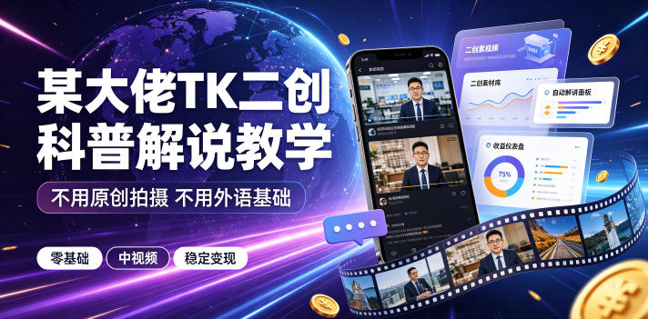 某大佬TK二创科普解说教学，不用原创拍摄不用外语基础，零基础做TikTok中视频稳定变现-易创网