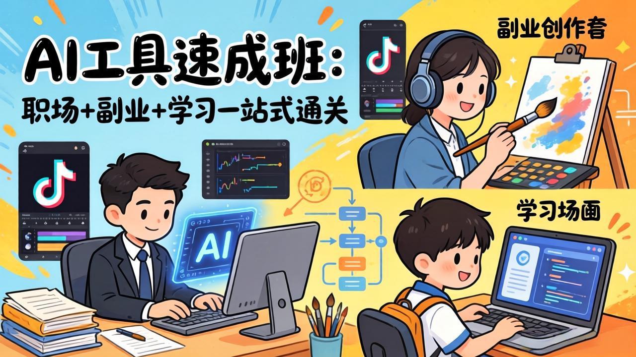 AI工具速成班：职场+副业+学习一站式通关，20+爆款类型+剪映技巧+抖音算法，0基础快速上手-易创网