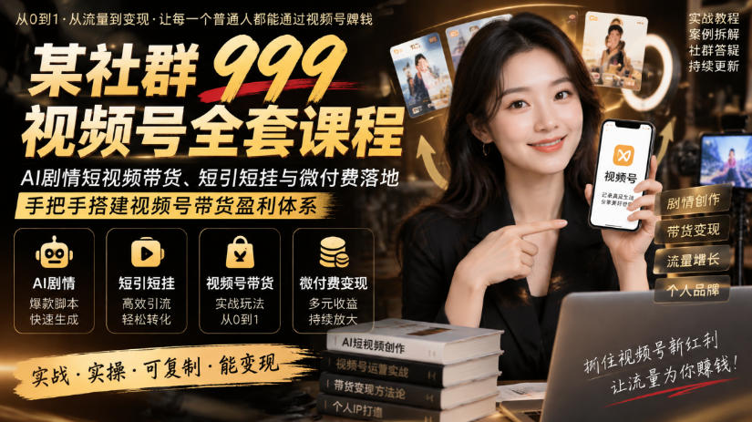 某社群999视频号全套课程，AI剧情短视频带货、短引短挂与微付费落地，手把手搭建视频号带货盈利体系-易创网