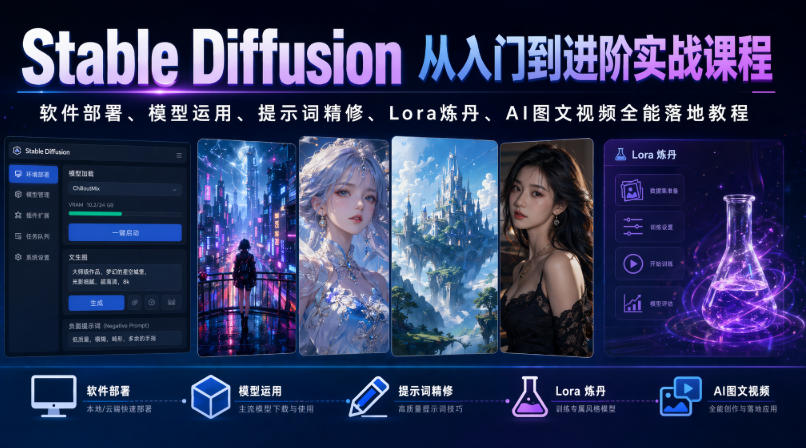 Stable Diffusion从入门到进阶实战课程｜软件部署、模型运用、提示词精修、Lora炼丹、AI图文视频全能落地教程-易创网