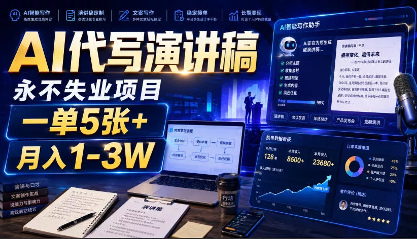 AI代写演讲稿，永不失业项目，一单5张+，月入1-3W【揭秘】-易创网