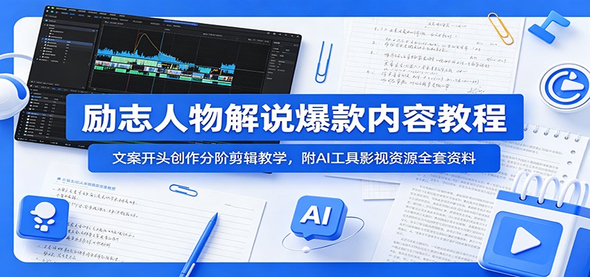 励志人物解说爆款内容教程：文案开头创作分阶剪辑教学，附AI 工具影视资源全套资料-易创网