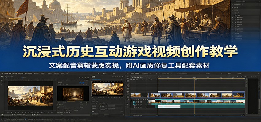 沉浸式历史互动游戏视频创作教学：文案配音剪辑蒙版实操，附AI画质修复工具配套素材-易创网