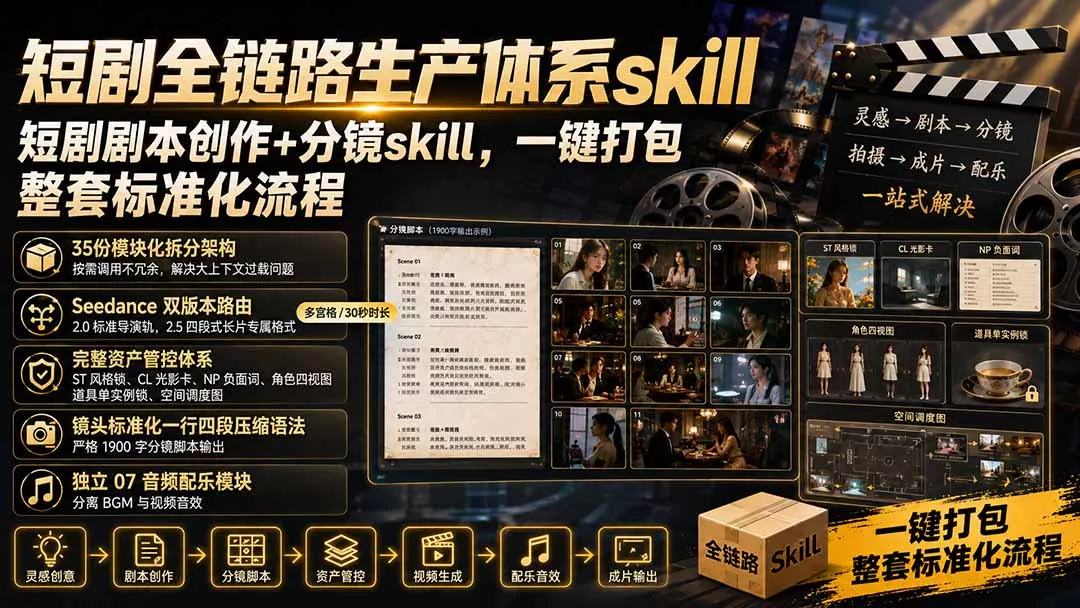短剧全链路生产体系skill，短剧剧本创作+分镜skill，一键打包，整套标准化流程-易创网