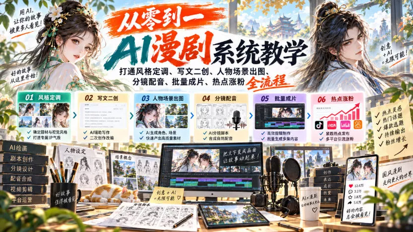 从零到一AI漫剧系统教学，打通风格定调、写文二创、人物场景出图、分镜配音、批量成片、热点涨粉全流程-易创网