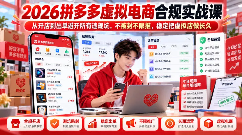2026拼多多虚拟电商合规实战课，从开店到出单避开所有违规坑，不被封不限推，稳定把虚拟店做长久-易创网
