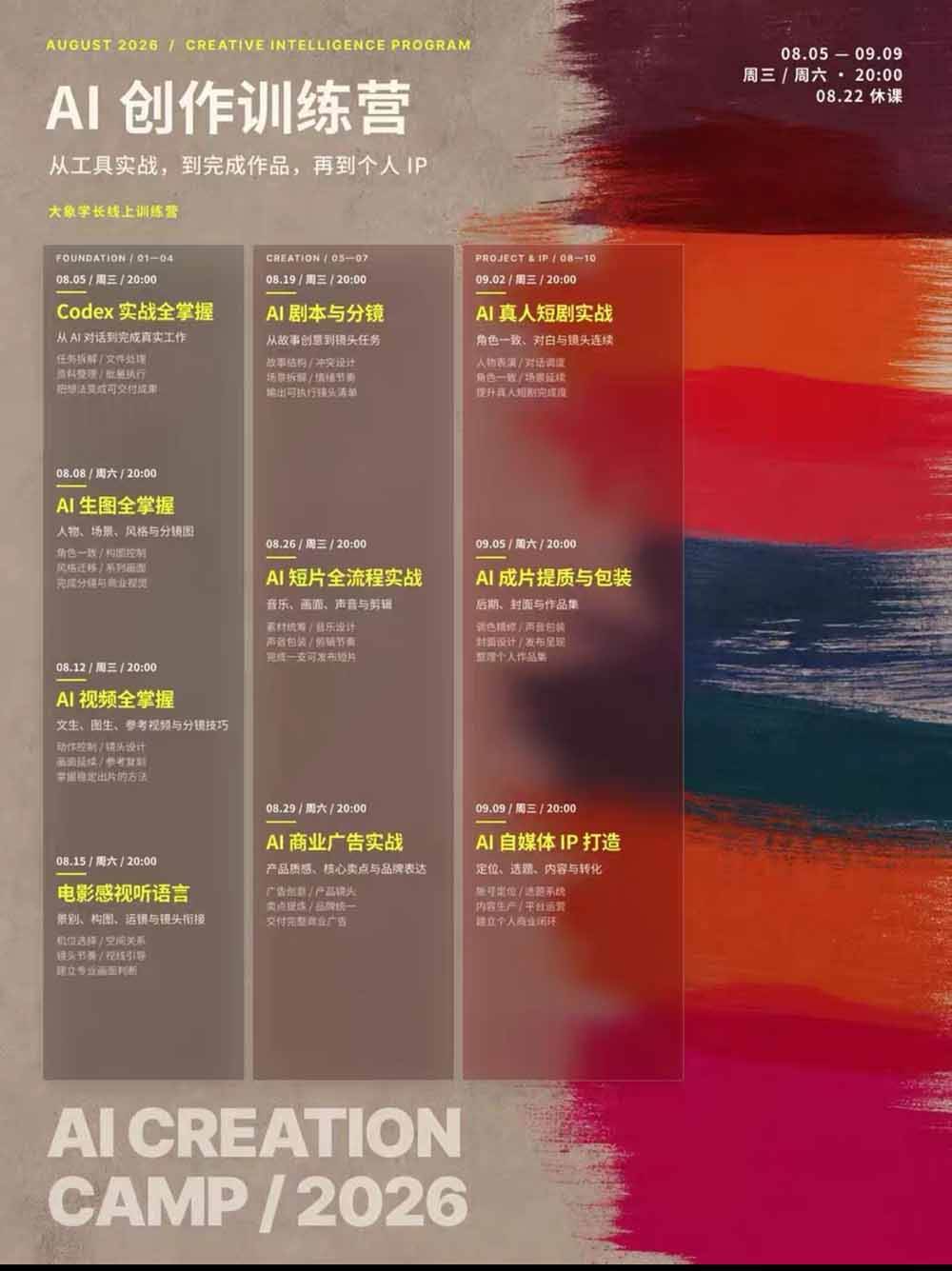 （20145期）AI+创作训练营26年8月第5期：从Codex、AI生图视频到剧本分镜与电影感短片，跑通个人IP商业闭环-易创网