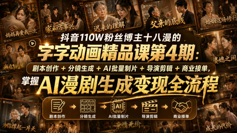 抖音110W粉丝博主十八漫的字字动画精品课第4期：剧本创作+分镜生成+剪辑+商业接单，掌握AI漫剧生成变现全流程-易创网