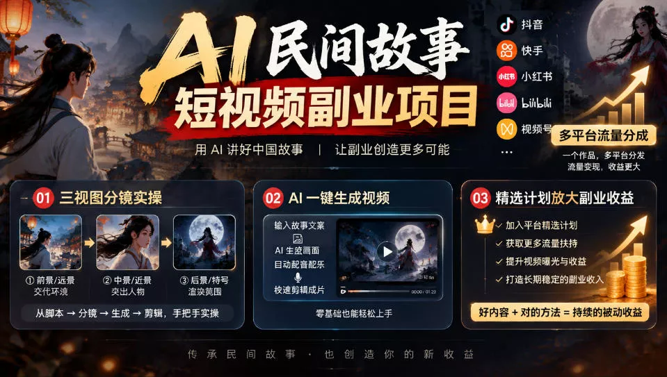 AI民间故事短视频副业项目，多平台流量分成，三视图分镜实操，精选计划放大副业收益-易创网