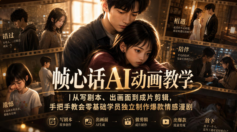 帧心话AI动画教学｜从写剧本、出画面到成片剪辑，手把手教会零基础学员独立制作爆款情感漫剧-易创网