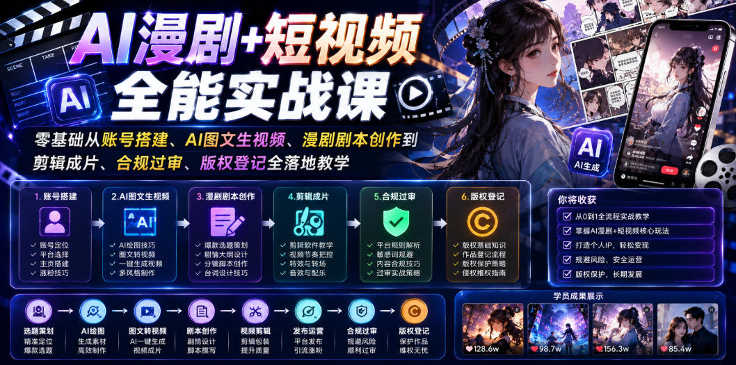 AI漫剧+短视频全能实战课｜零基础从账号搭建、AI图文生视频、漫剧剧本创作到剪辑成片、合规过审、版权登记全落地教学-易创网