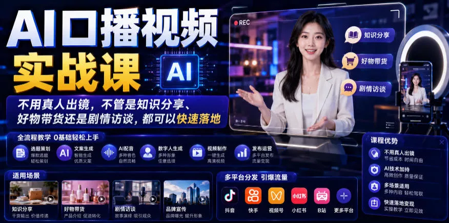 AI口播视频实战课，不用真人出镜，不管是知识分享、好物带货还是剧情访谈，都可以快速落地-易创网