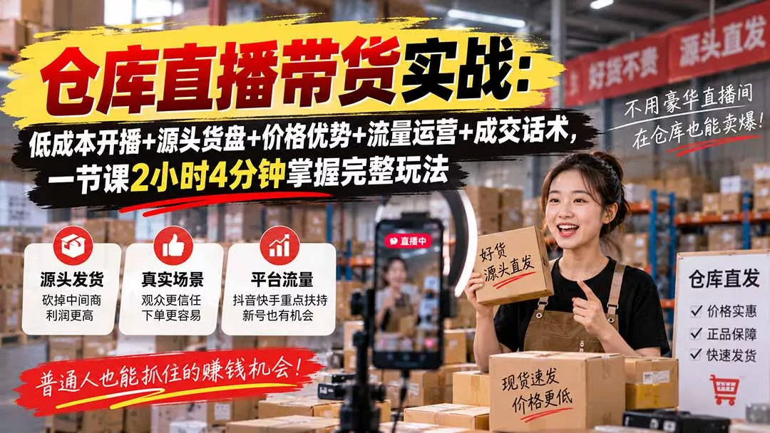 仓库直播带货实战：低成本开播+源头货盘+价格优势+流量运营+成交话术，一节课2小时4分钟掌握完整玩法-易创网