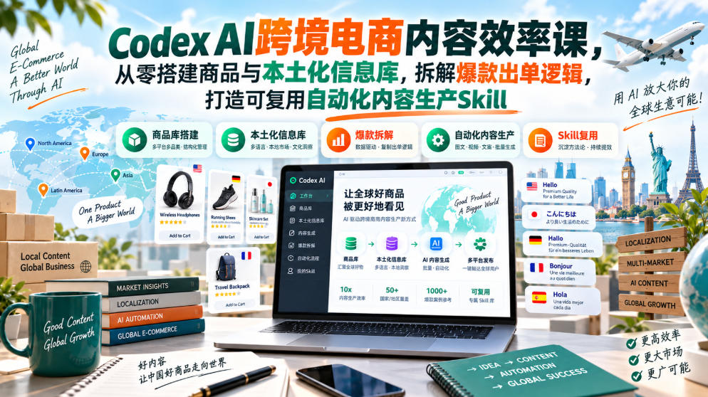 Codex AI跨境电商内容效率课，从零搭建商品与本土化信息库，拆解爆款出单逻辑，打造可复用自动化内容生产Skill-易创网