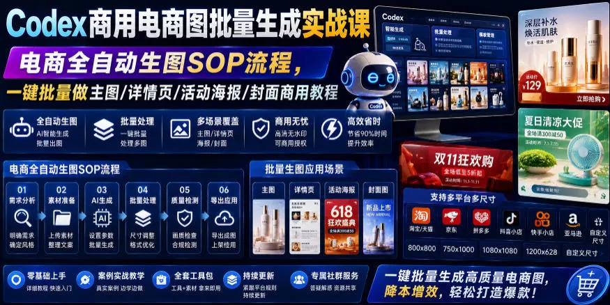 Codex商用电商图批量生成实战课｜电商全自动生图SOP流程，一键批量做主图/详情页/活动海报/封面商用教程-易创网