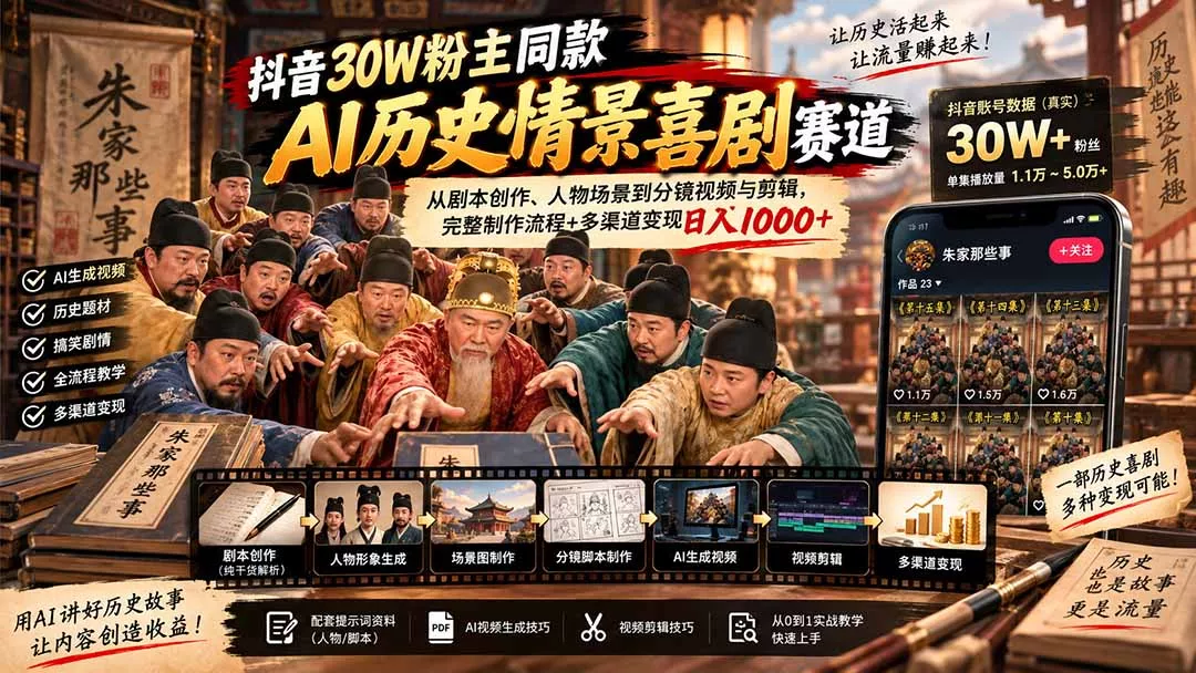 抖音30W粉博主同款AI历史情景喜剧赛道:从剧本创作、人物场景到分镜视频与剪辑,完整制作流程+多渠道变现日入1000+ 抖音30W粉博主同款AI历史情景喜剧赛道:从剧本创作、人物场景到分镜视频与剪辑,完整制作流程+多渠道变现日入1000+