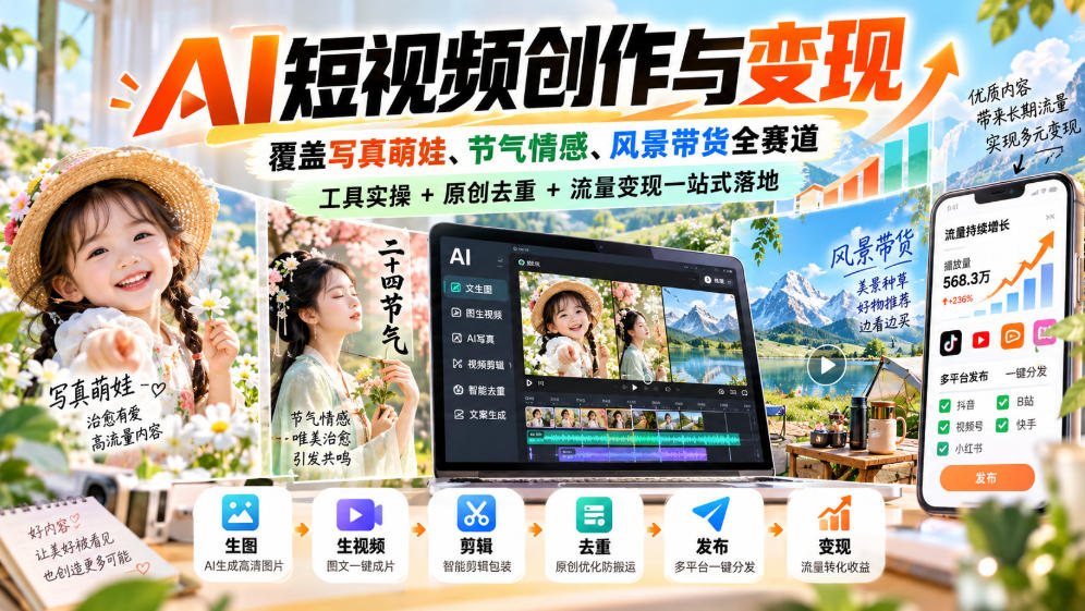 AI短视频创作与变现，覆盖写真萌娃、节气情感、风景带货全赛道，工具实操+原创去重+流量变现一站式落地-易创网